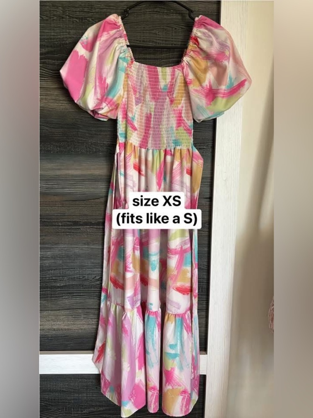 Pink Multi-Color Smocked Puff-Sleeve Maxi Dress